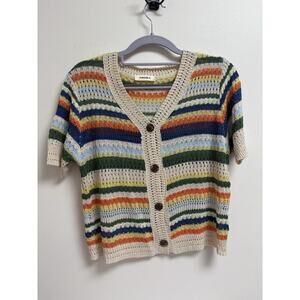 Adora Striped Knit Cardigan S/M Short Sleeve Button Front Crochet Boho Retro